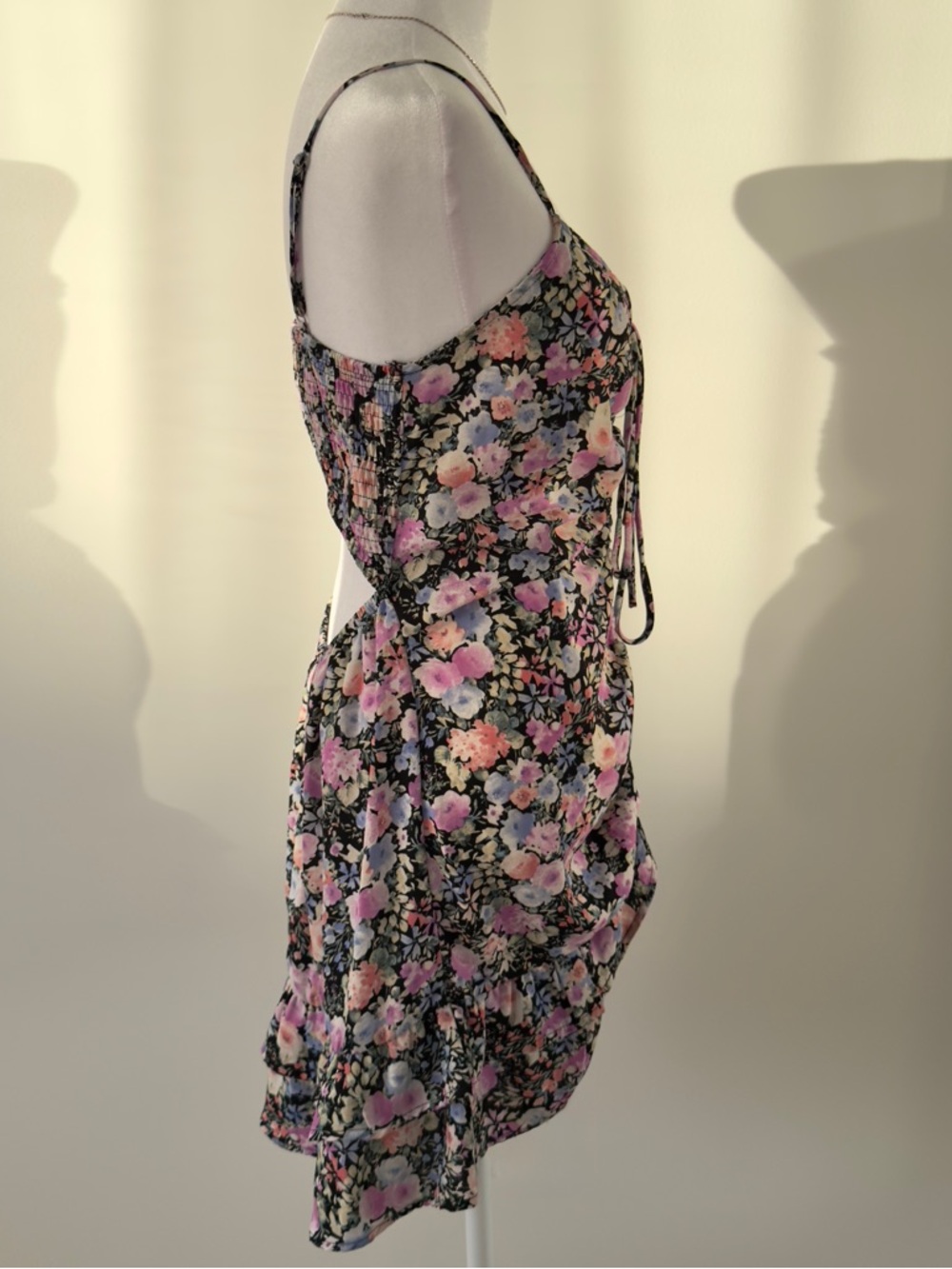 Blashe Black Pink Floral Ruched Cami Mini Dress Sweetheart Ruffle Hem - Picture 5 of 8